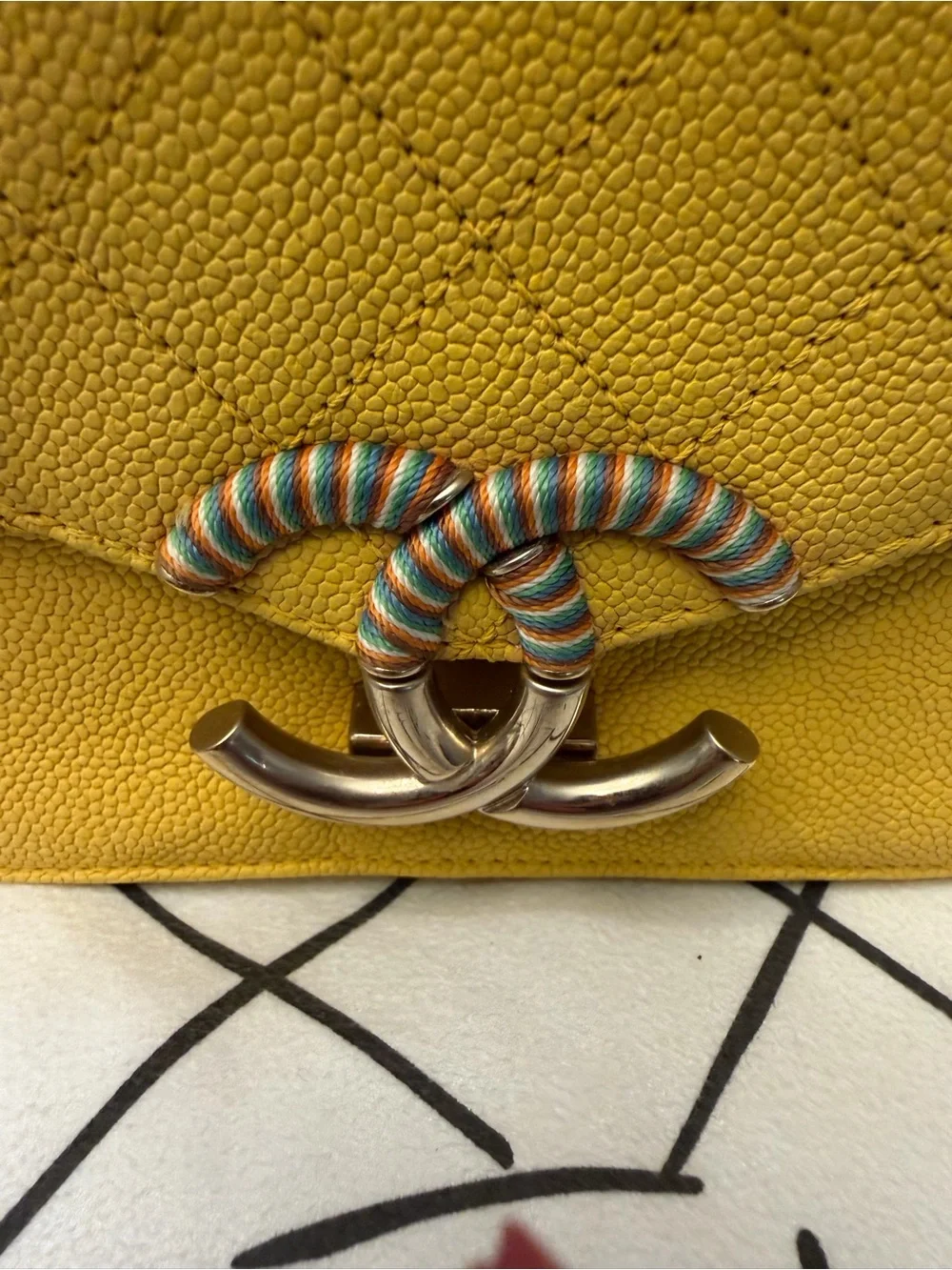 Authentic Chanel 17C Coco Cuba Handle Yellow Caviar Rainbow CC Flap